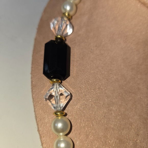 Faux Pearl Black Onyx Beaded Choker Necklace 18" Vintage Fashion Costume Jewelry - Picture 10 of 10